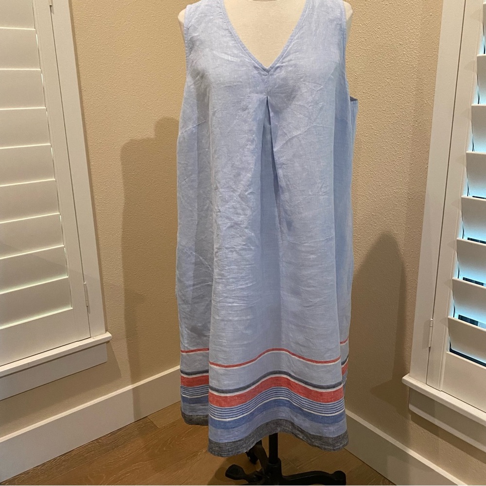 J Jill Love Linen Dress Light Blue V Neck Sleeveless A Line Midi Pockets Dress L